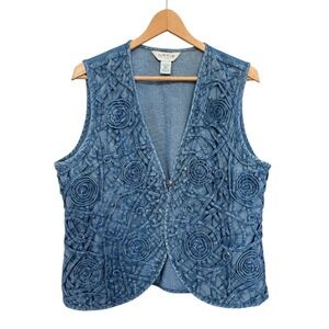 Wmns L Vtg Orvis Med. Wash Cotton Denim Boho Wearable Art Ornate Artsy Vest 90's
